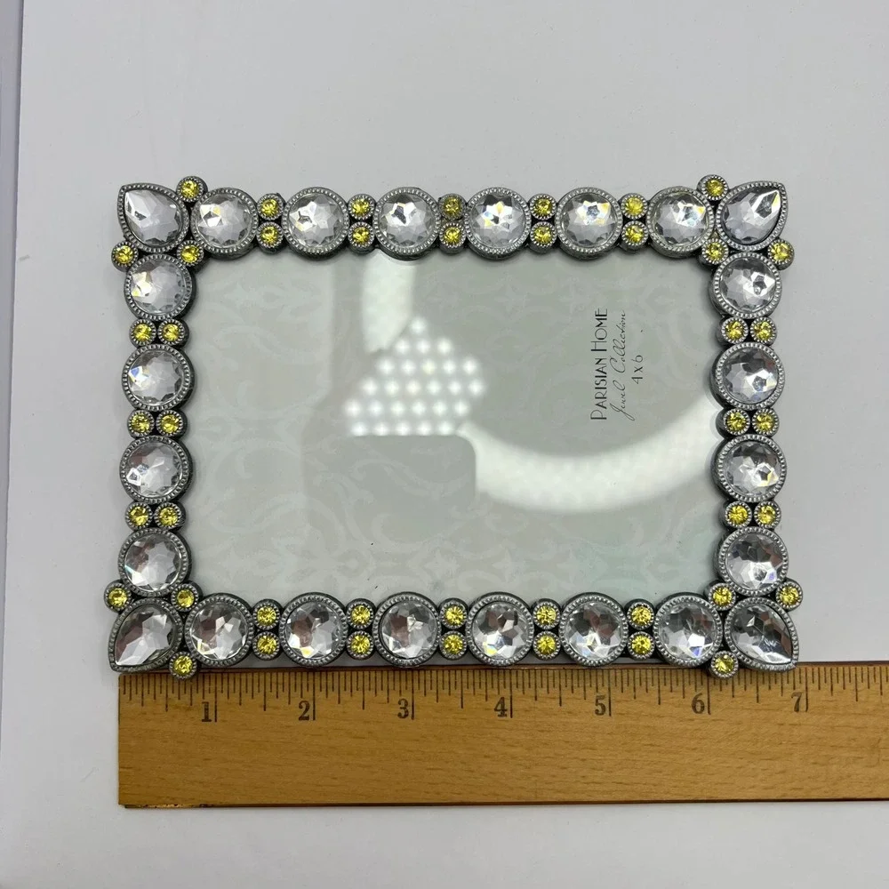 Bejeweled Rhinestone 4x6 Picture Frame Clear and Yellow Glam Hollywood Regency